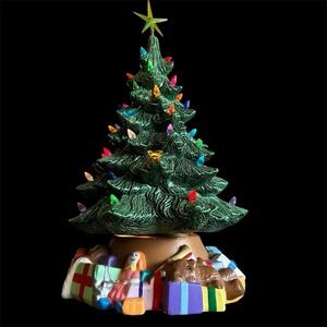 Large VTG 1984 Green Ceramic Light-up Christmas Tree w/ Present Base Signed RARE